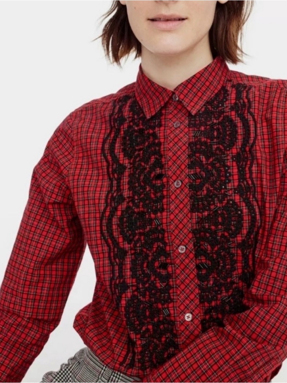 J.Crew Embellished Plaid Boy Shirt NWT Fiery Red/Black Beaded Embroidered 10